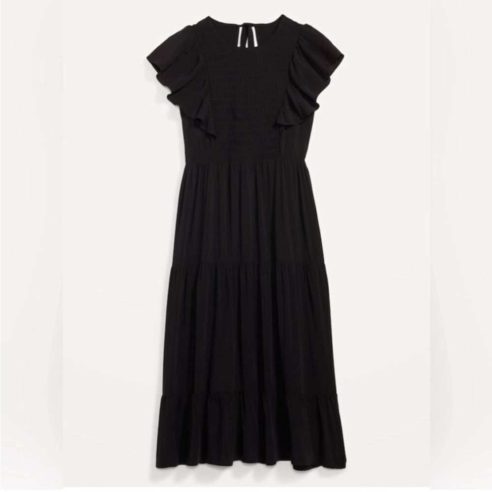 Old Navy Black Smocked Midi Dress Flutter Sleeve Tiered Fit & Flare Women's - Picture 7 of 7